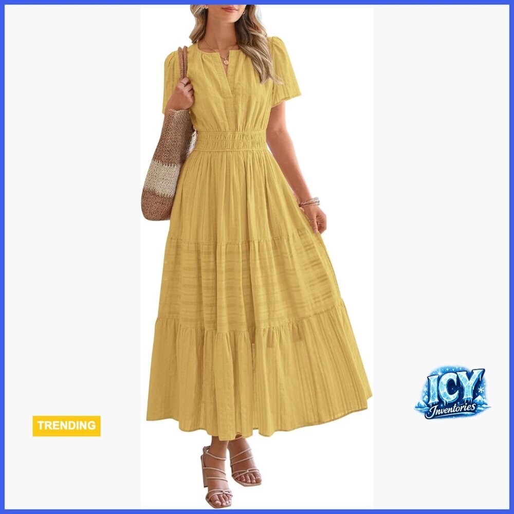 Lightweight V Neck Maxi Dress with Elastic Waist and Pockets